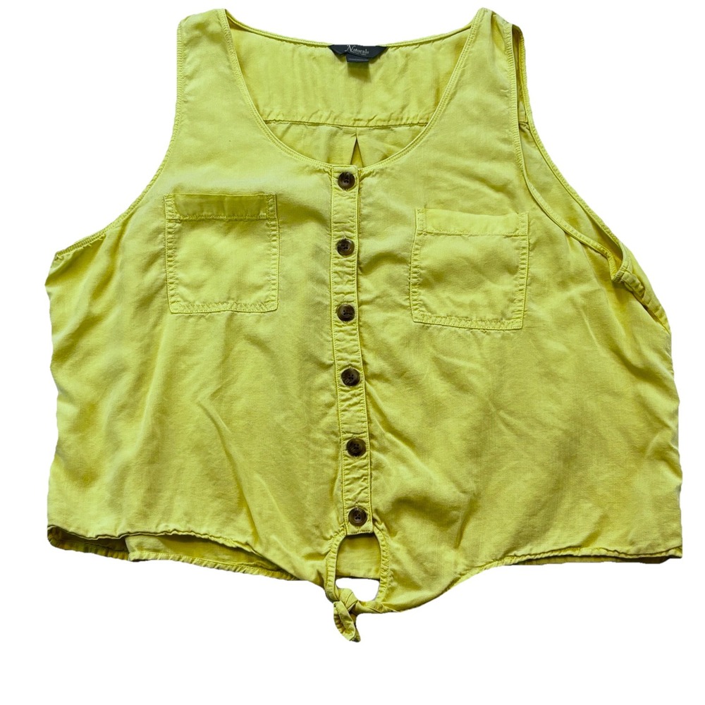 Natural Reflections Top Women 2X Pale Yellow Sleeveless Button Tie Front Pockets